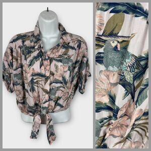 American Eagle Medium Short Sleeve Pink Green Parrot Front Tie Tropical Blouse